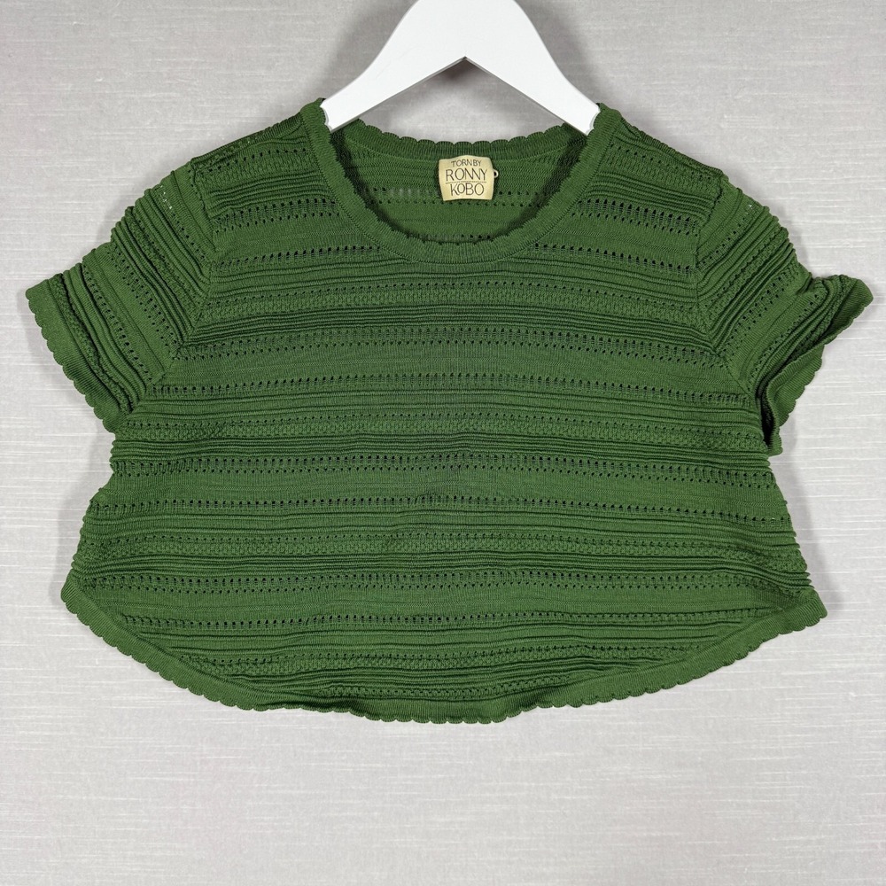 Torn Ronny Kobo Top Womens M Green Textured Knit Crop Short Sleeve Boho Textured